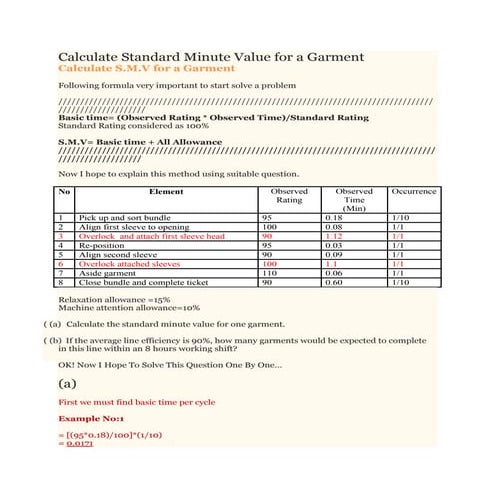 Calculate Standard Minute Value for a Garment