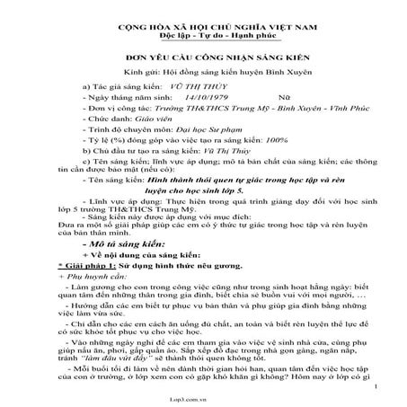 Sáng kiến kinh nghiệm Hình thành thói quen tự giác trong học tập và rèn luyện...