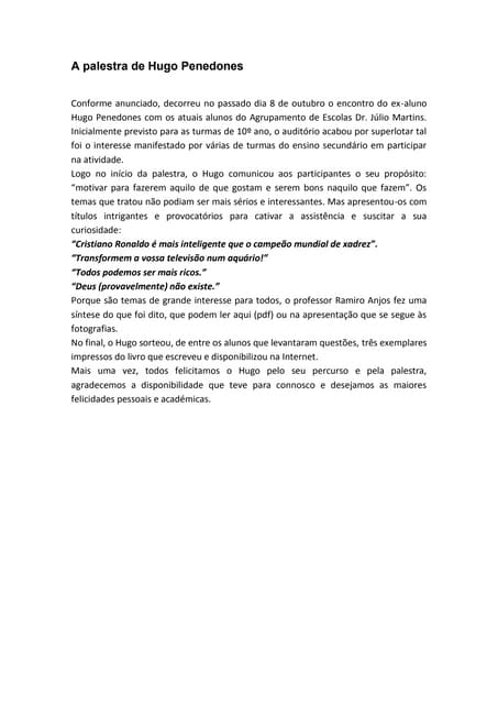 Síntese da palestra do hugo