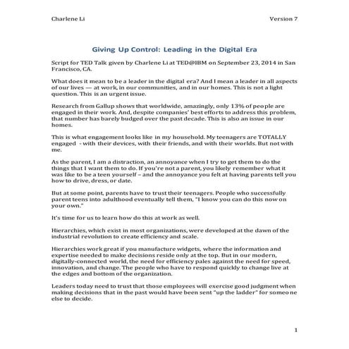 TED Talk Script: "Giving Up Control - Leading in the Digital Era"