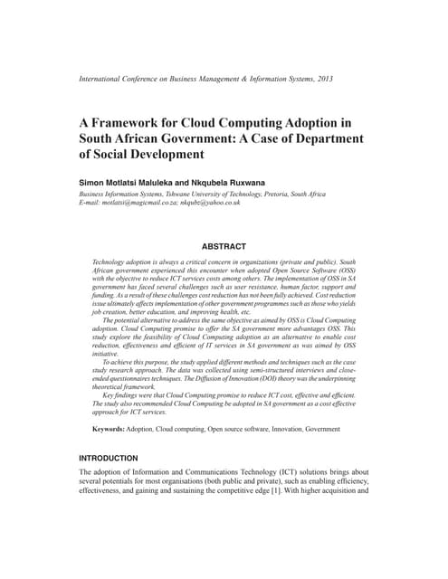 A Framework for Cloud Computing Adoption in South African Government