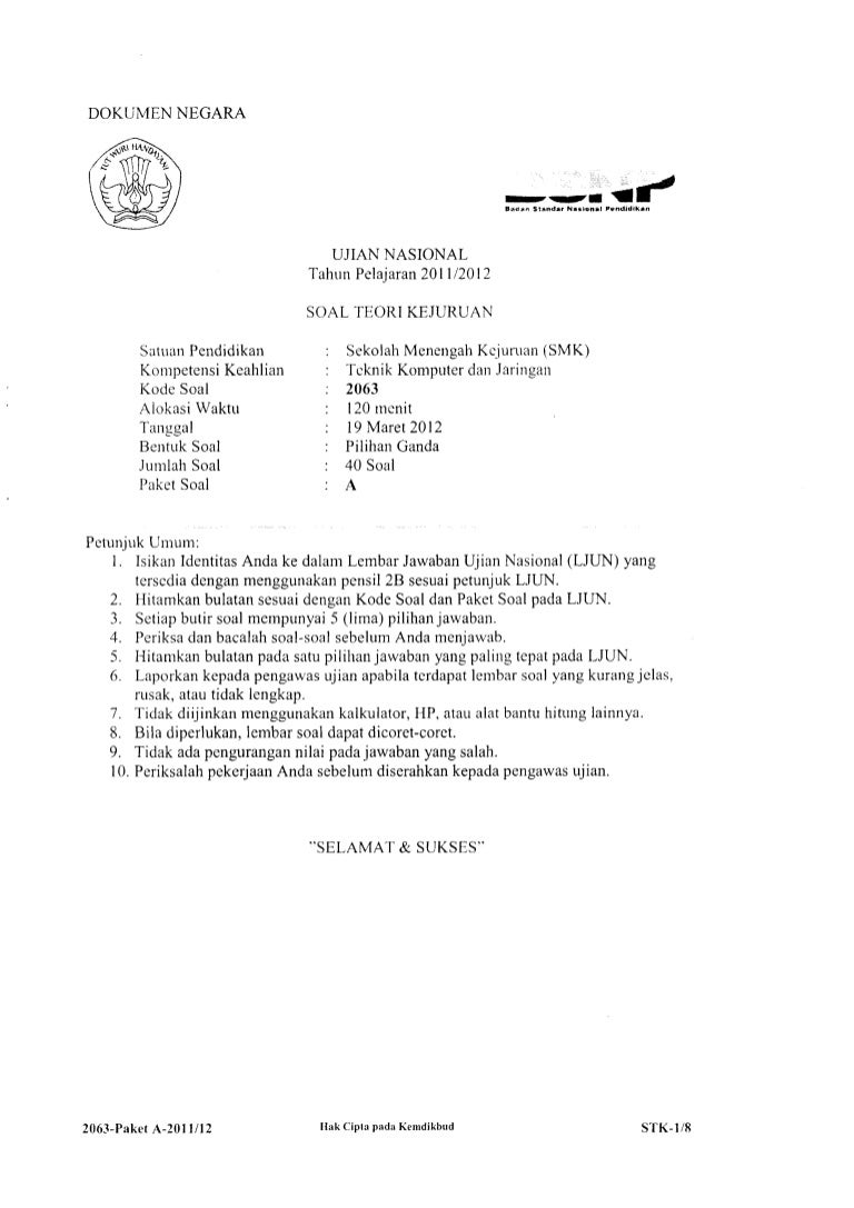 Soal Un Teori Kejuruan Tkj 2011 2012 Smk
