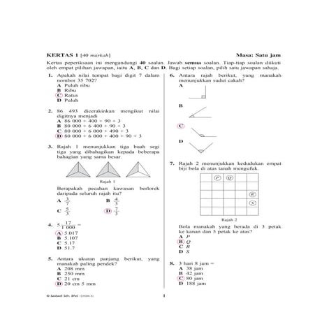 MATEMATIK TAHUN 4 - SOALAN + JAWAPAN