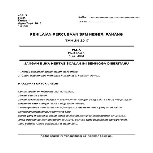 Soalan k1 fizik spm 2017 Pahang