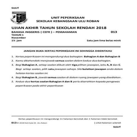Soalan kertas i bahasa inggeris tahun 1 ( akhir tahun ) cefr