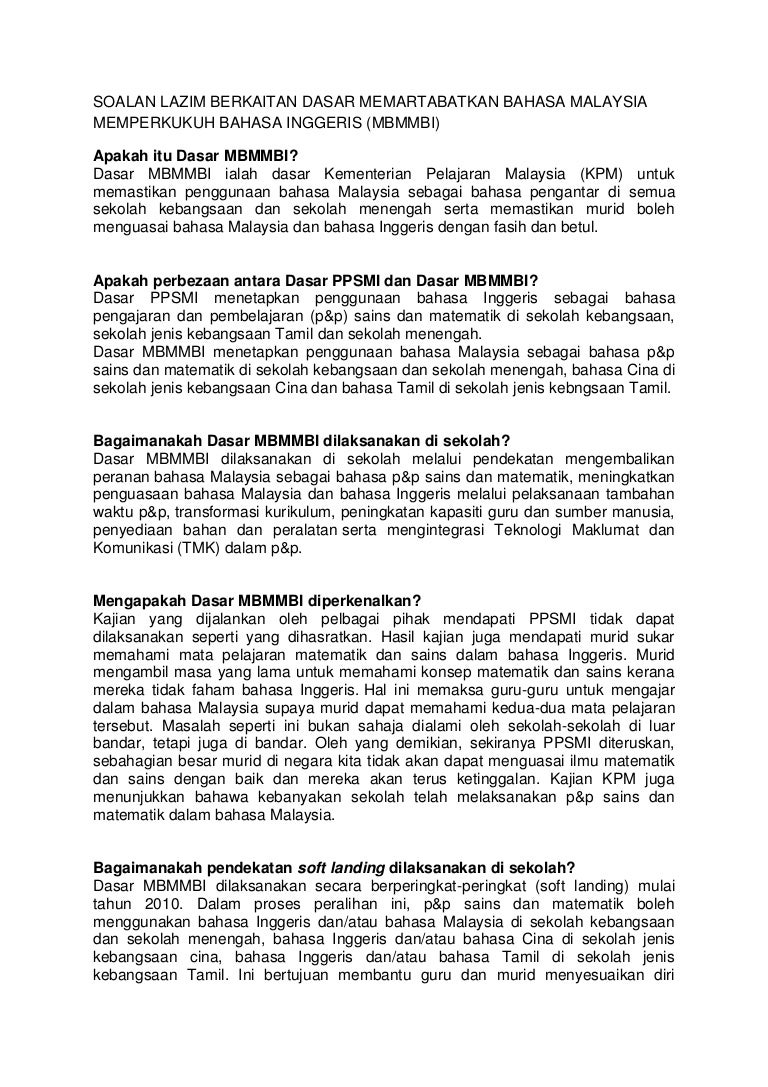 Soalan Lazim Berkaitan Dasar Memartabatkan Bahasa Malaysia Memperkuku