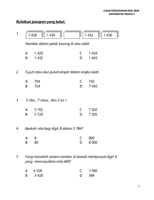 Soalan matematik tahun 3
