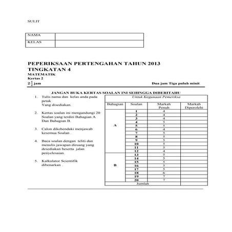 Soalan Pertengahan Tahun Matematik Tingkatan 4