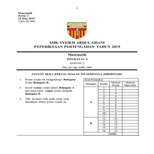 Soalan matematik tingkatan 4 ppt 2019