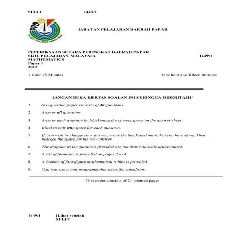 Soalan Setara Matematik SPM Kertas 1 Sabah 2012