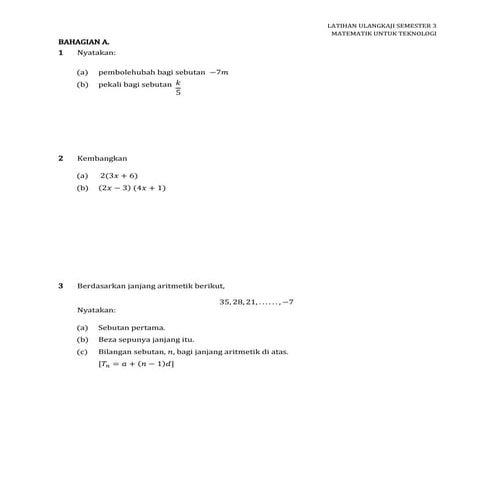 Soalan Ulangkaji Matematik untuk Teknologi Semester 3 Kolej Vokasional