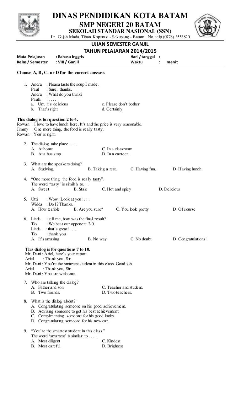 Soal Bahasa Inggris Semester 1 Kelas 8 Tp 2014 2015