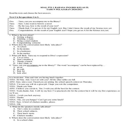 Soal PTS Bahasa Inggris Kelas IX Tahun 2020