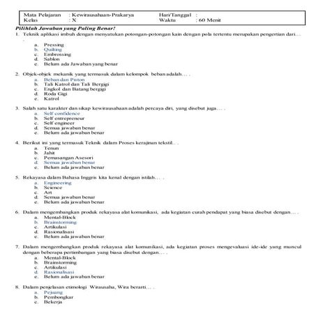 Soal dan Jawaban Kewirausahaan-prakarya SMK X