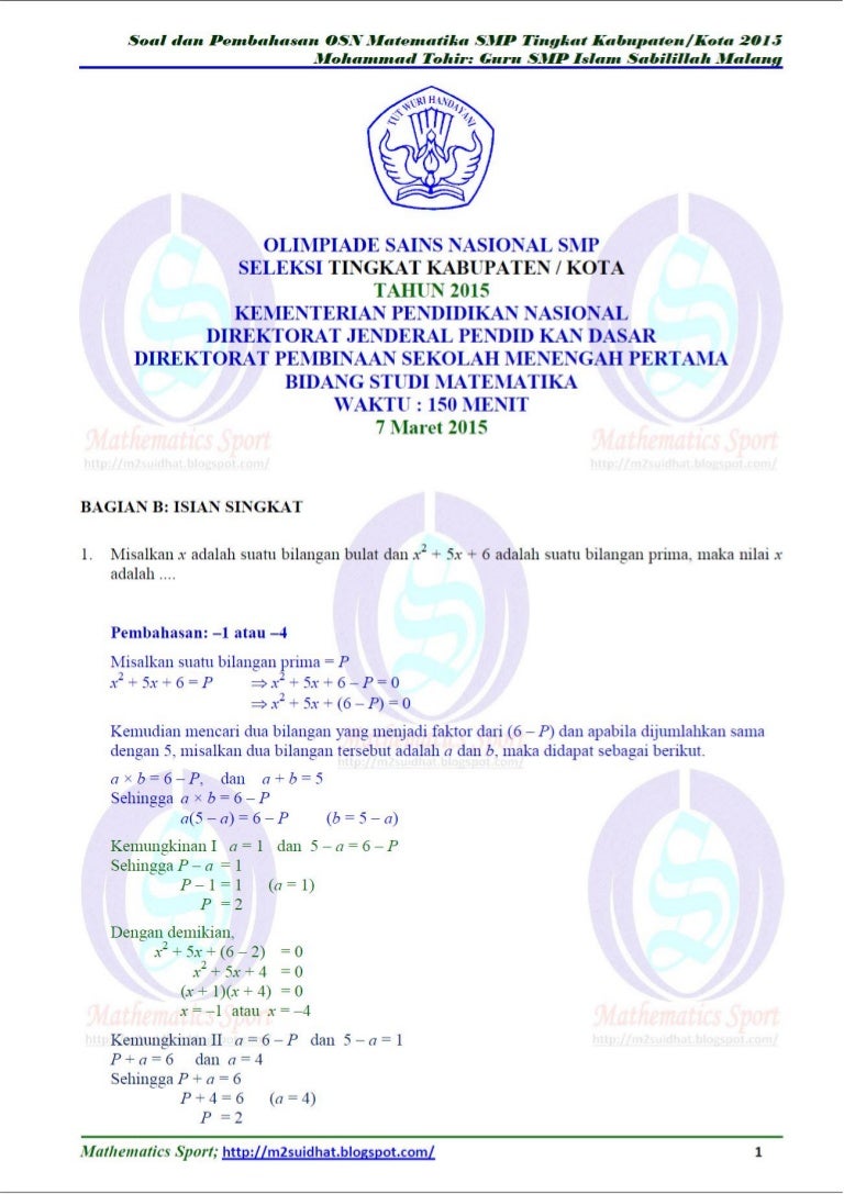 Soal Dan Pembahasan Osn Matematika Smp Tingkat Kota 2015 Bagian B W