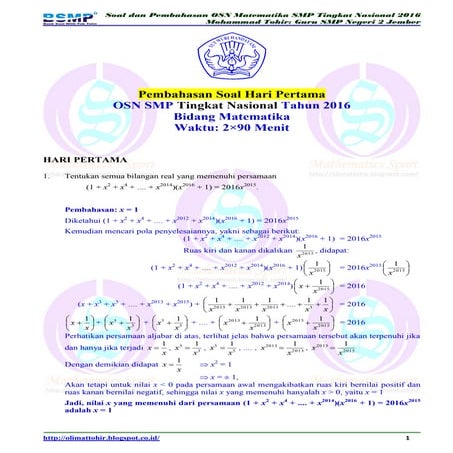 Soal dan pembahasan osn matematika smp tingkat nasional 2016 (hari pertama)