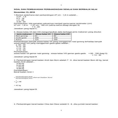 Soal dan pembahasan perbandingan senilai dan berbalik nilai