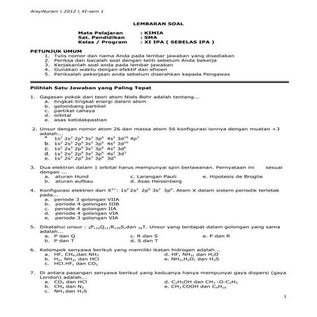 Soal Kimia Kelas XI Semester 1