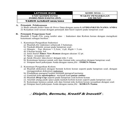 Soal Latihan Kuis - Aplikasi Komputer - Word Processing