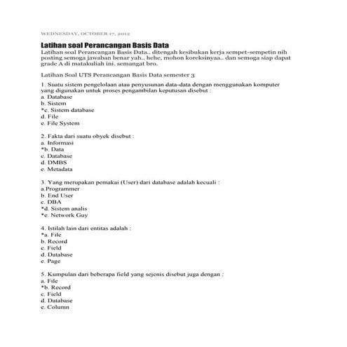 Soal latihan perancangan basis data 1 6 semester 2