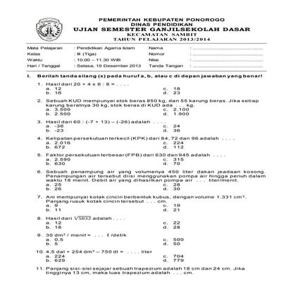 Soal matematika 8 uas ganjil 2013 2014 ok