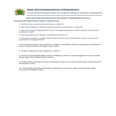 Soal mid genap farmakognosi kelas xi(untuk siswa)