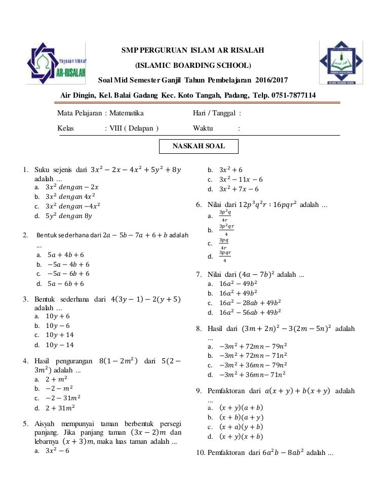 Soal mid semester 1 kelas viii