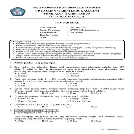 Soal pat mtk kelas 7 k13 (websiteedukasi.com)
