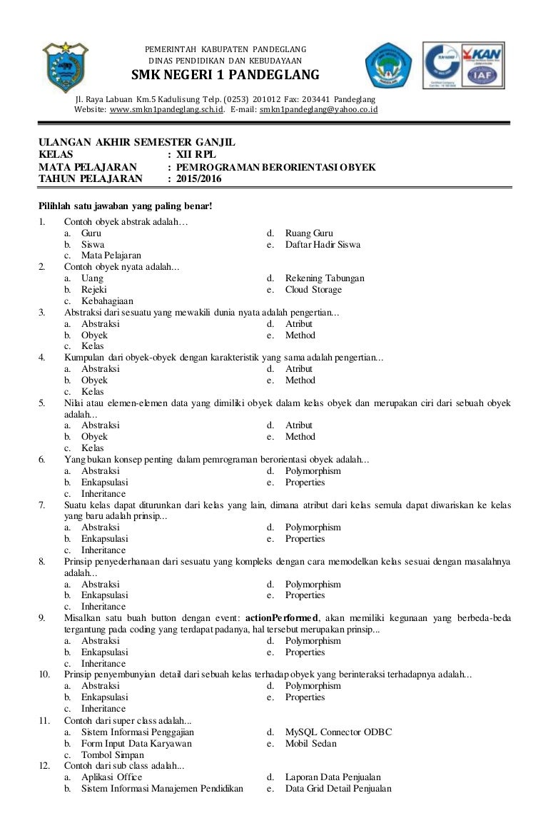 Kisi Kisi Soal Pemrograman Berorentasi Objek Kls Xi Semester 1