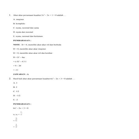 Soal-soal persamaan kuadrat dan fungsi kuadrat