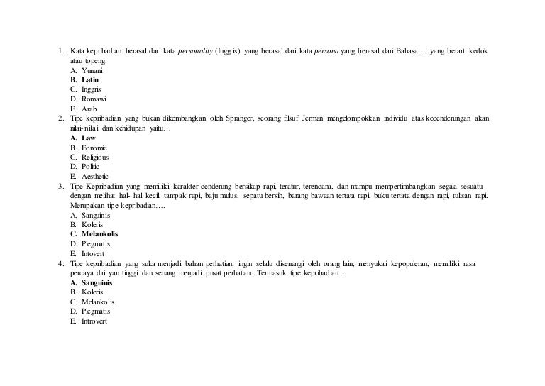 Soal Pilihan Ganda Kepribadian