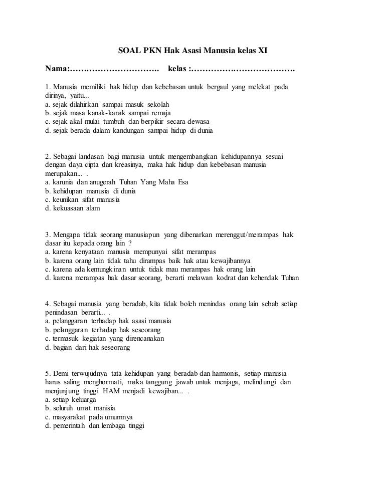 Soal Pkn Hak Asasi Manusia Kelas Xi