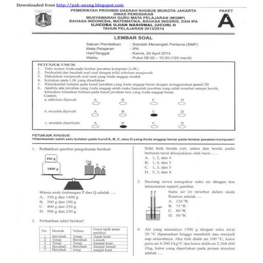 Soal prediksi dan bocoran un ipa smp 2014 + kunci jawaban