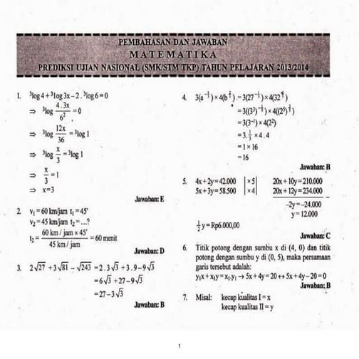Kunci Jawaban Soal Prediksi UN Matematika SMK 2014