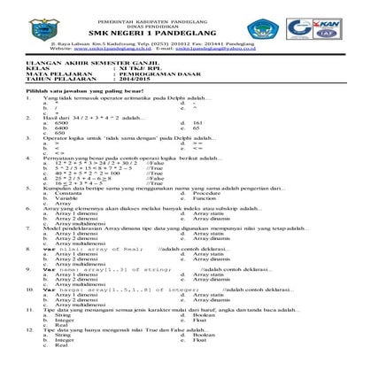 Soal UAS Pemrograman Dasar Kelas 11 SMK semester ganjil tahun ajaran 2014-2015