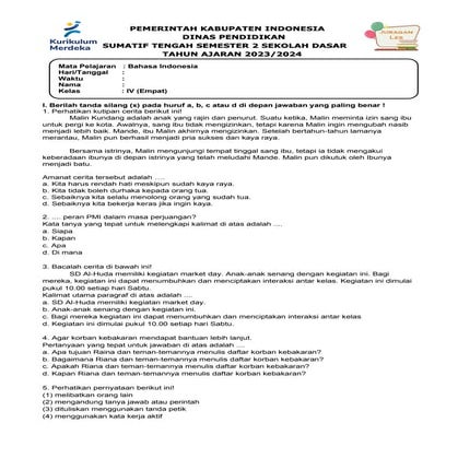 Soal PTS Bahasa Indonesia Kelas 4 Semester 2 Kurikulum Merdeka T.A 2023 ...