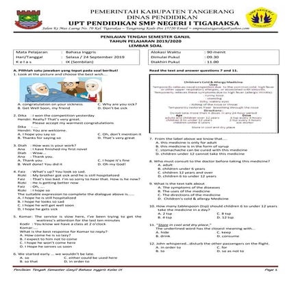 Soal PTS Ganjil Bahasa Inggris Kelas IX