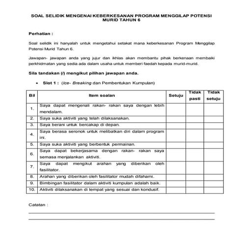Soal selidik mengenai keberkesanan program menggilap potensi murid tahun 6