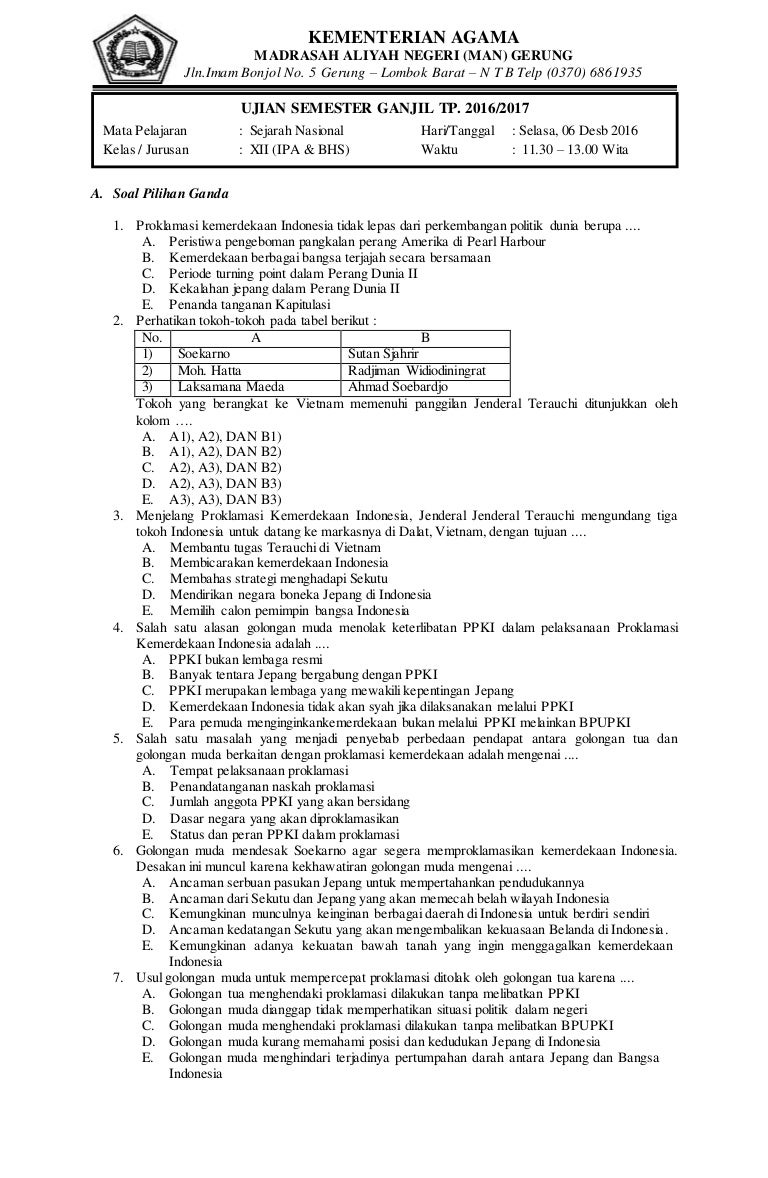 Soal Semester Xii Sejarah Ipa Dan Bahasa