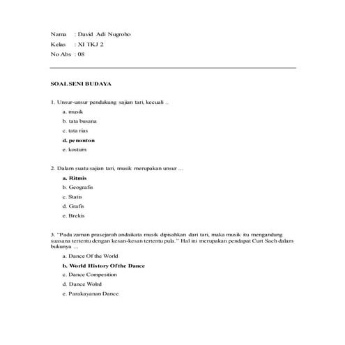 Kumpulan Soal Seni Budaya SMA/SMK beserta Jawaban