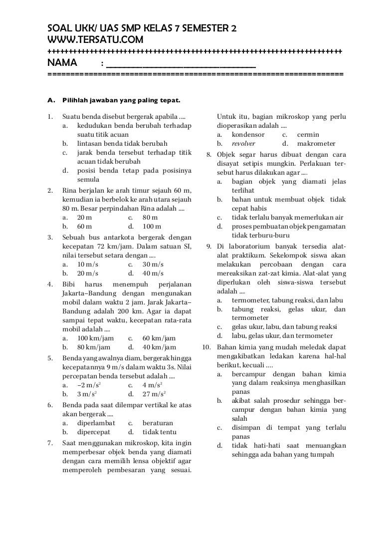 Soal soal ukk ipa smp kelas 7