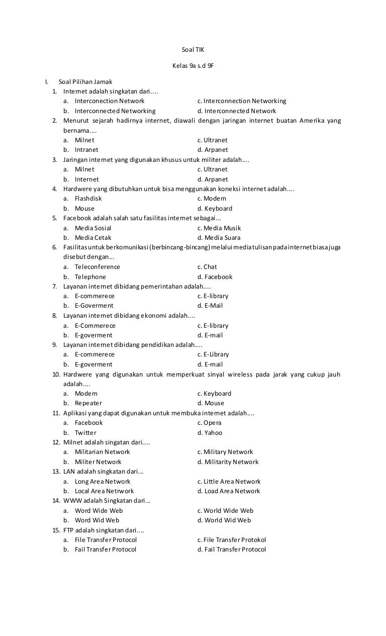 Soal Teknologi Informasi Dan Komunikasi Kelas 9