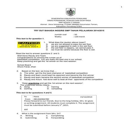 Soal try out UN Bahasa Inggris I 2015