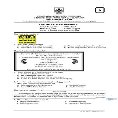 Soal try out ujian nasional bahasa inggris paket a