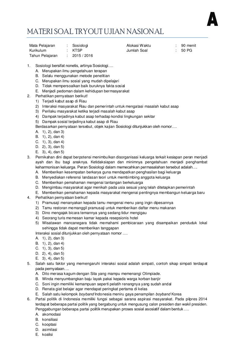 Soal Ujian Materi Fungsi Sosiologi Mengenali Gejala Sosial Di Masyarakat