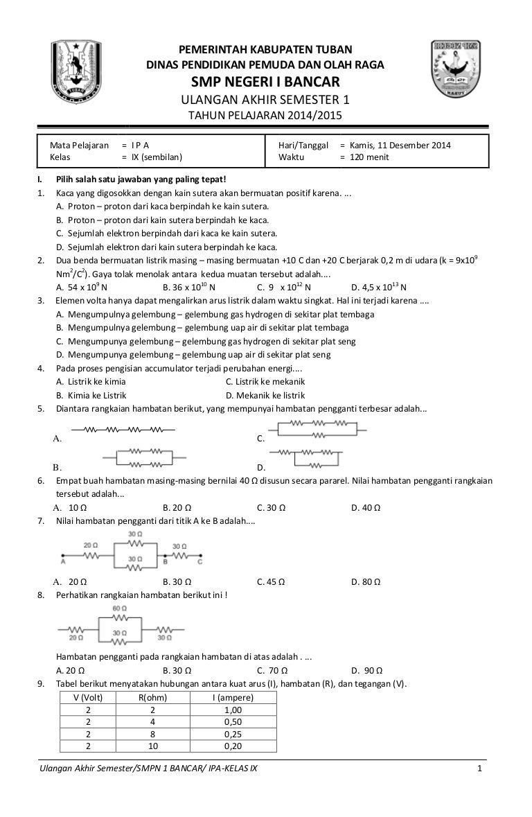 SOAL ULANGAN AKHIR SEMESTER 1 IPA SMP KELAS 9 TAHUN PELAJARAN 2014-20…