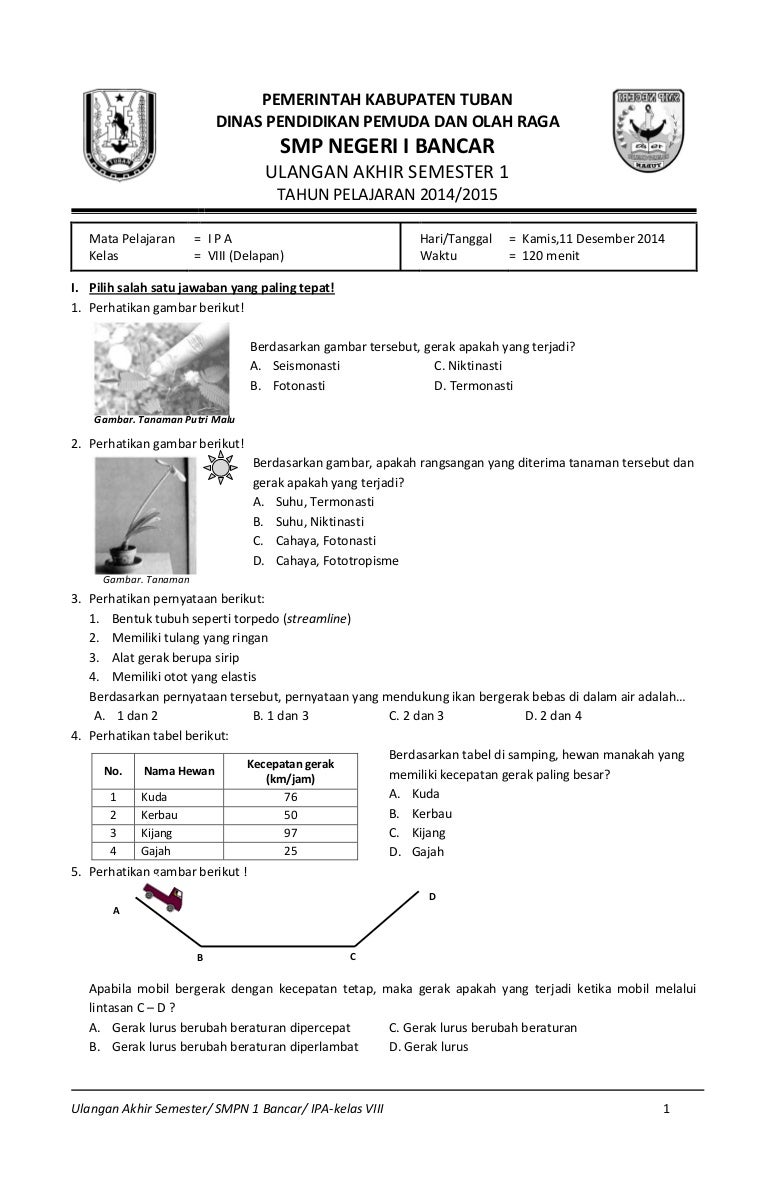 SOAL ULANGAN AKHIR SEMESTER 1 IPA SMP KELAS 8 TAHUN PELAJARAN 2014-20…
