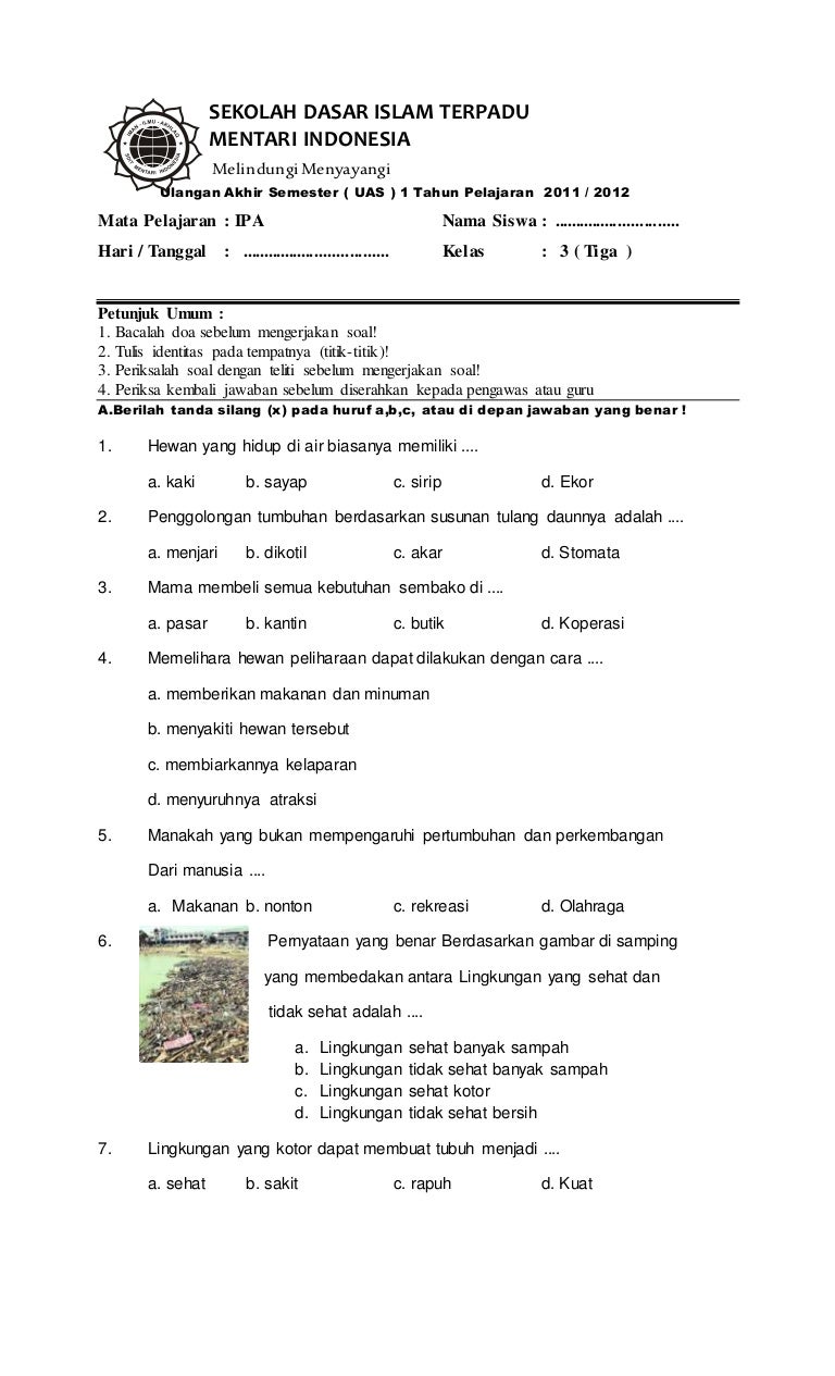 contoh Soal uas ipa kelas 3 smster 1