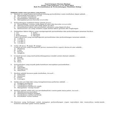 Soal uh biologi kelas viii bab pertumbuhan & perkembangan