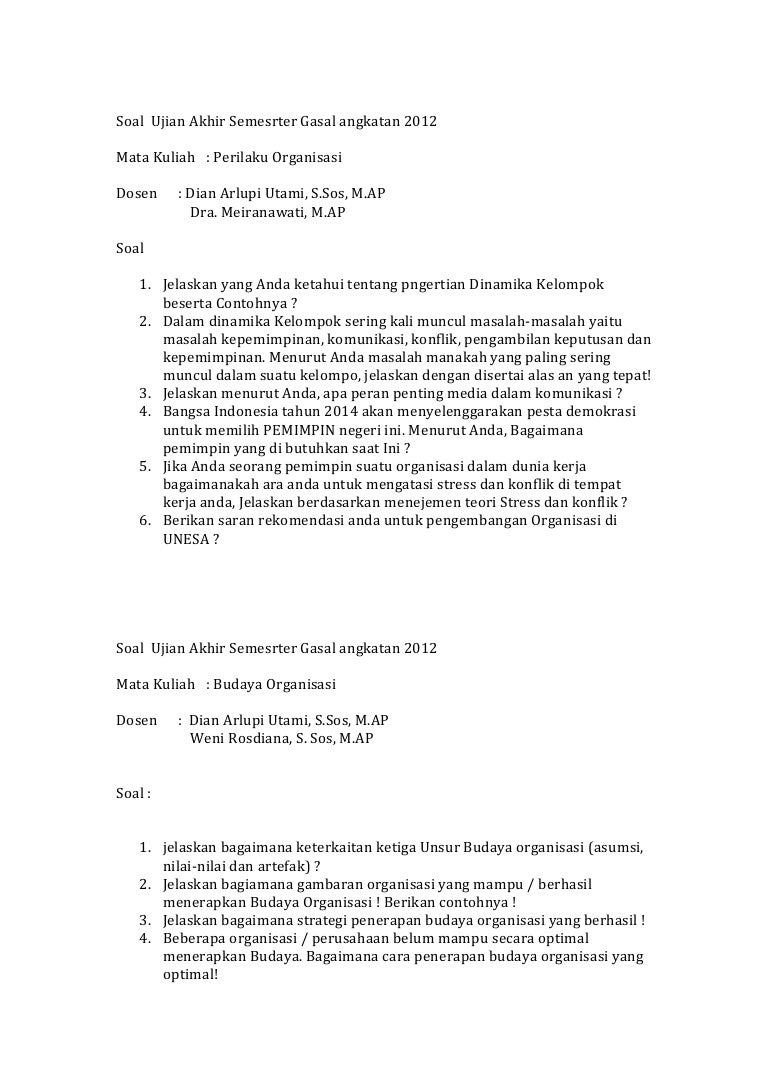 Soal Ujian Akhir Semesrter Gasal Angkatan 2012 D3 An Unesa